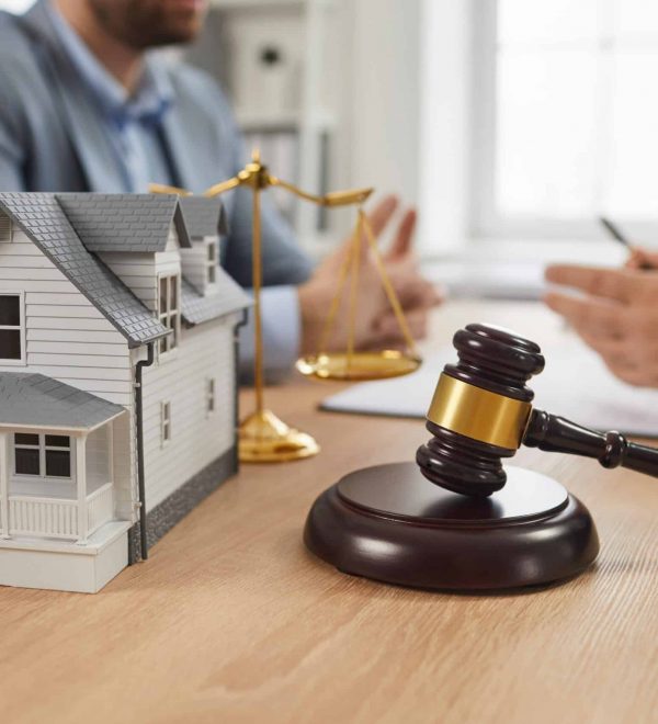 Close up of a gavel resting on a round wood block near a model home on a table at a real estate lawyers office.